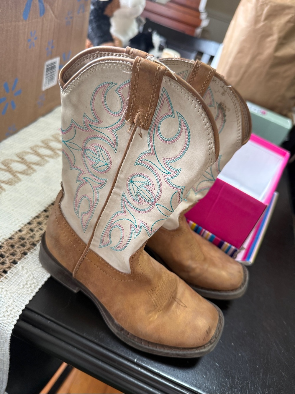 Link Kids Tan and Cream Western Embroidered Boots